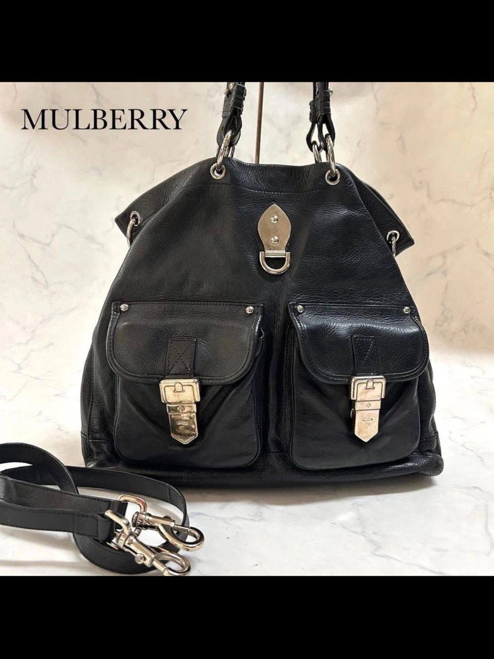 Mulberry Black Leather Shoulder Bag with Dual Front Buckle Pockets